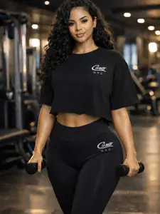 Midnite Black 2 piece set Crop top tee with legging's with signature logo