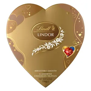 Lindt LINDOR Valentine's Day Assorted Chocolate Candy Truffles Heart, Milk Chocolate Truffles Friend Heart, Strawberries and Cream White Chocolate Candy Truffles Heart, 5.5 oz. Gift Box gormet candy variety pack Snack Bonbon cocoa