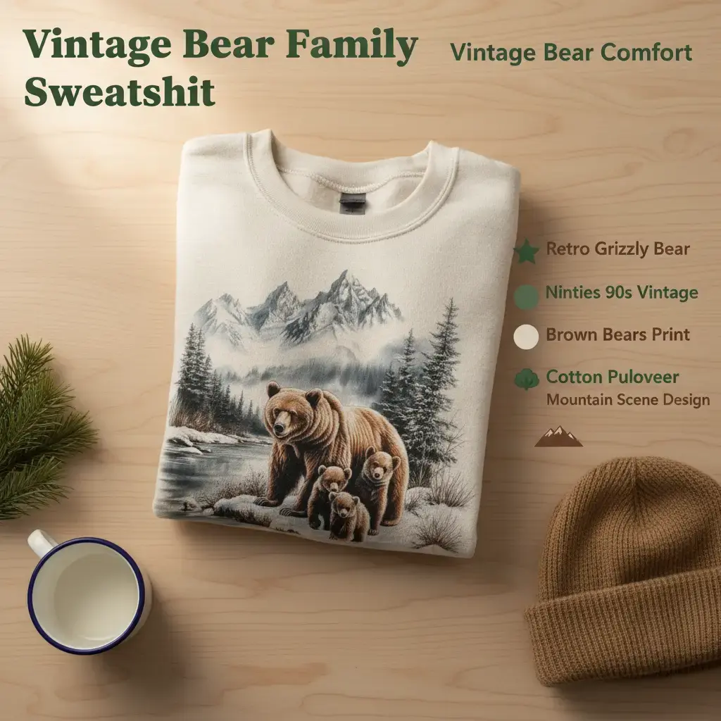 Retro Grizzly Bear Mama & Three Cubs Mountain Scene Sweatshirt - Nineties 90s Vintage Brown Bears Cotton Pullover