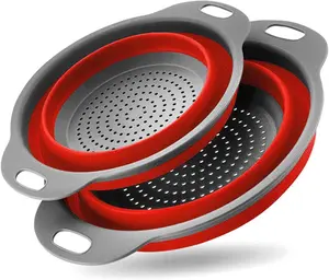 Collapsible Colander Set of 2 Silicone Kitchen Strainer Set, Perfect for Draining Pasta, Vegetable and fruit for Kitchen and Travel Use (Red)
