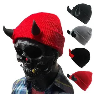 Reversible Knit Beanie with 3D Devil Horns - Soft Acrylic Material, Stretchy & Warm, Unisex Winter Hat, Multiple Colors, Perfect for Men & Women