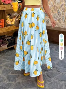 Women Summer Daily Mediterranean Resort Style Stripe Lemon Pattern A Line Swing Short Sleeve Collared Midi Skirt Casual Loose Trendy Elegant Youth Minimalist Versatile Textured Temperament Literary For Home Outdoor City Wear Elastic