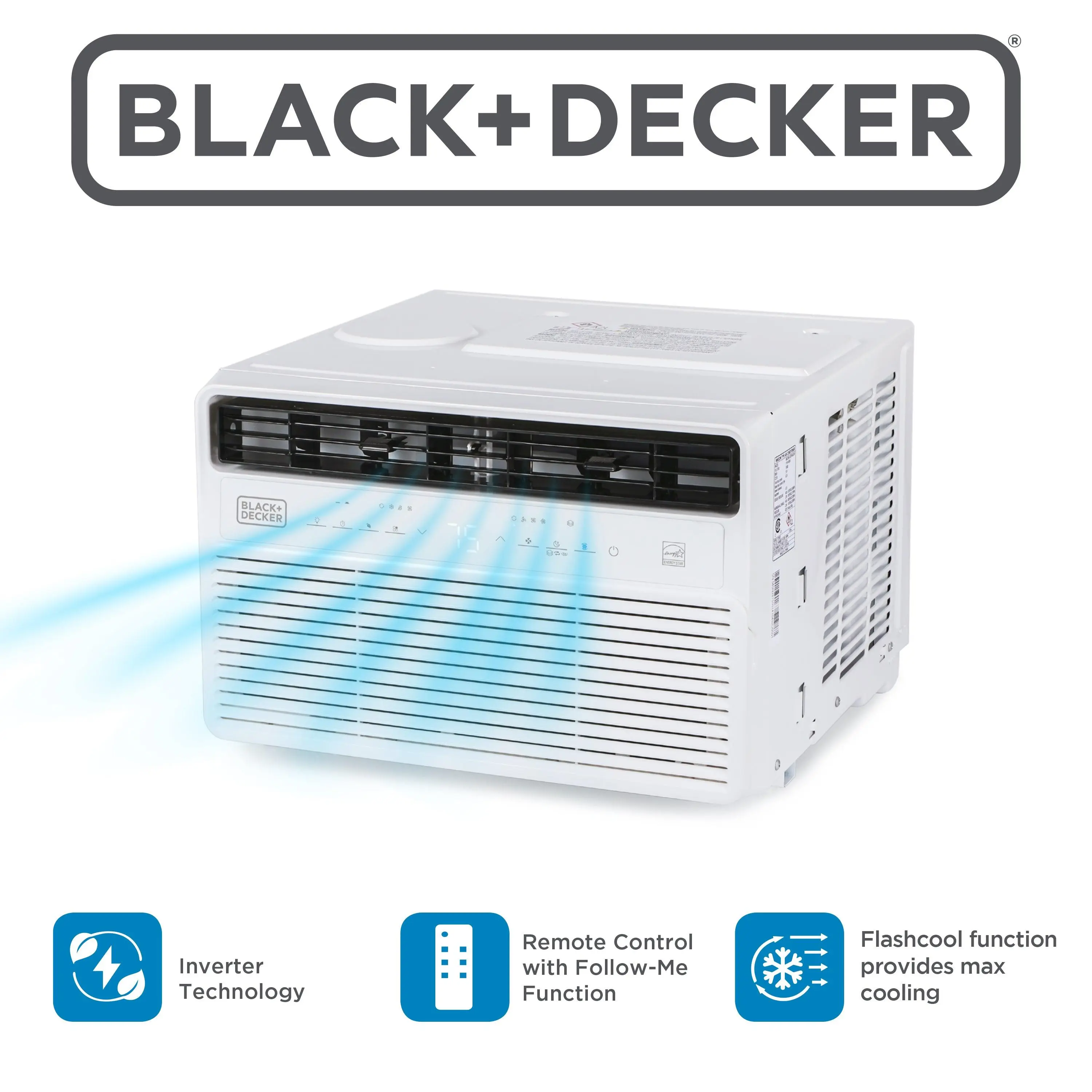 BLACK+DECKER 10,000 BTU Inverter Window Air Conditioner, Window AC Units for Up To 450 Sq. Ft., ENERGY STAR Rated AC Unit, Full Function Remote Control, BD10NWES, White