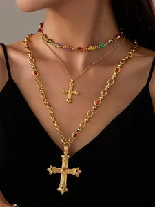 1pc Luxury Big Size Vintage Copper Metal Electroplated Gold Cross Pendant Necklace, Unisex, Suitable For Daily Life, Wedding And Party, Can Be Worn Alone Or Layered, Also Can Be Given As A Gift. Comes With Flannel Bag