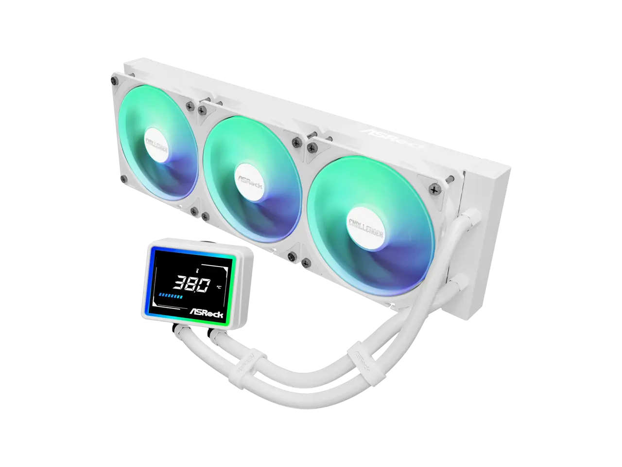 ASRock AIO Challenger White 360 Digital 27mm radiator, 3" Digital Display w/ ARGB, ARGB Hub-lighting fan, white version