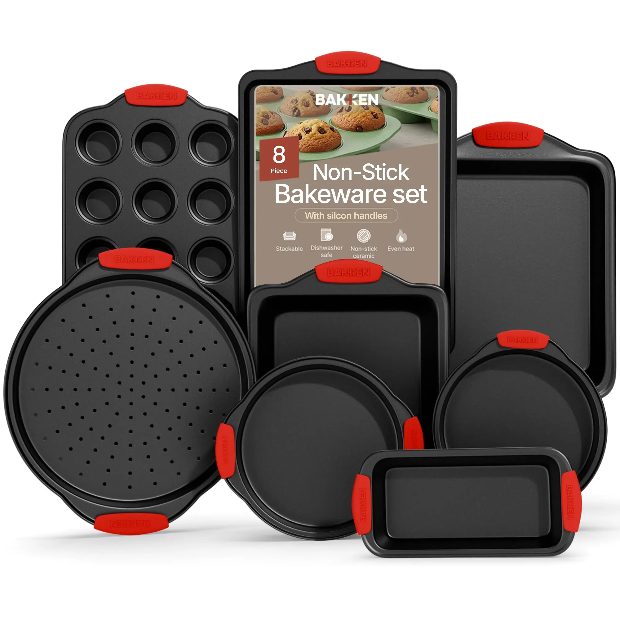 Bakken 8-Piece Nonstick Carbon Steel Baking Set - Sturdy Anti-Adhesive Bakeware with Oven-Safe Baking Pans (Round, Square, Cake Shapes), Red Silicone Comfy-Grip Handles, PFOA-PFOS-PTFE-Free for Cake Pops & Daily Use
