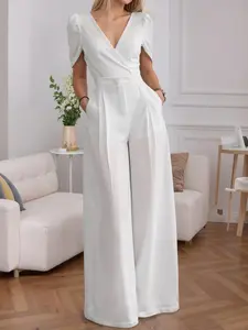Women's V-Neck Plain Wide-Leg Jumpsuit, Fitted Commuter Street Fashion, Casual All-Day Wear, Comfortable & Stylish One-Piece, Sleeves, Womenswear