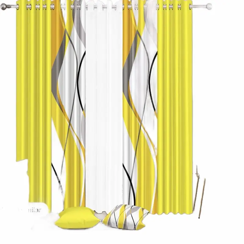 7 Pieces Yellow & White Abstract Curtains for Windows 2 Panels Modern Home Decor