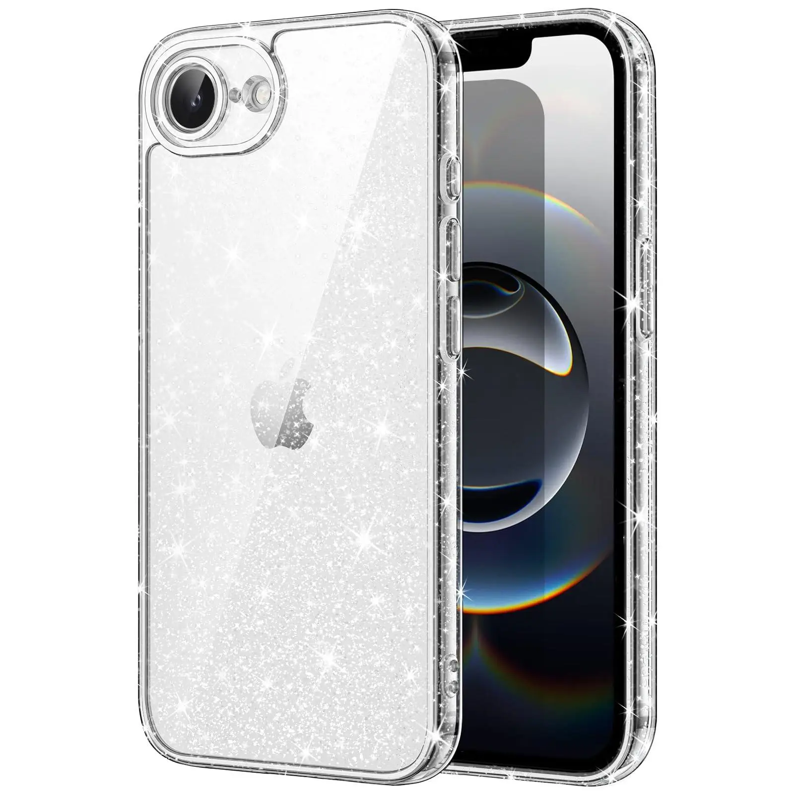 JETech Glitter Transparent TPU+PC Wireless Charging Cover for iPhone 17e/16e, 6.1 in Shockproof Phone Accessory for Women