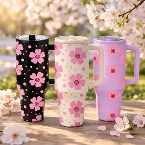 1 Pc 40oz Insulated Mug With Handle And Lid, Double Wall Thermal Mug For Hot Cold Drinks, Leak Proof Travel Vacuum Cup, Keeps Hot 12 Hours Cold 24 Hours, Large Capacity Skinny Tumbler Style Mug, Cute Smiling Flower Design Gift For Women Men Holiday Birthd