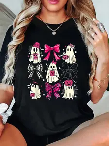 Coquette Bow Ghost Spooky Season Trick Or Treat Halloween T-Shirt women's graphic tees