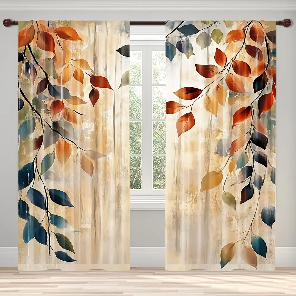2-Piece set, modern leaf art print curtains - filter rod bag design, warm orange, yellow and green autumn leaf pattern, perfect for bedroom kitchen office living room home decoration, room decoration, Home Decorative Curtain, Window Curtain, Window Drapes