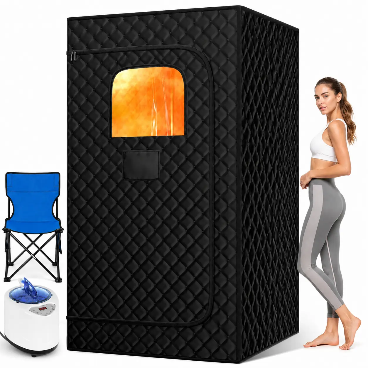 Portable Transparent At-Home Steam Sauna Kit with Foldable Chair, Fast-Heating Steamer, 9 Heat Levels, Dual Safety Protection for Home Gyms