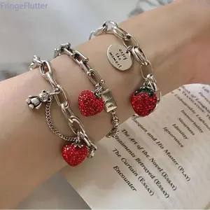Silver Thick Chain Bracelet with Sparkling Strawberry Zircon Charm | Trendy Party Jewelry for Women