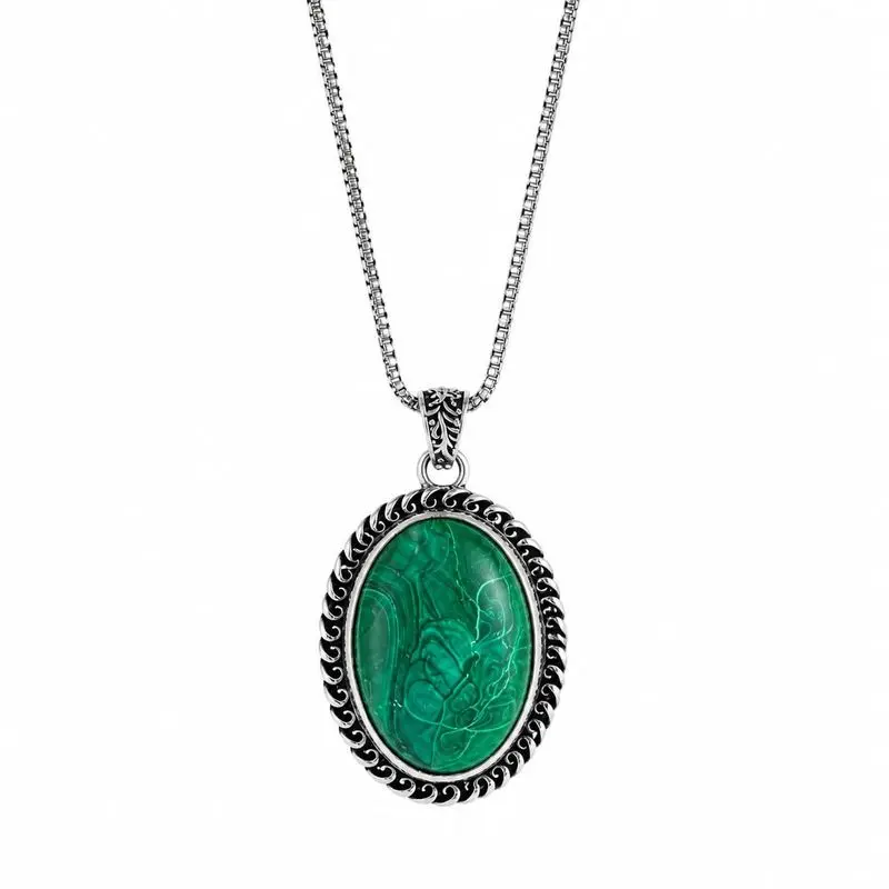 LEESHADE Malachite Pendant Necklace, Green Gemstone, 18-Inch Chain