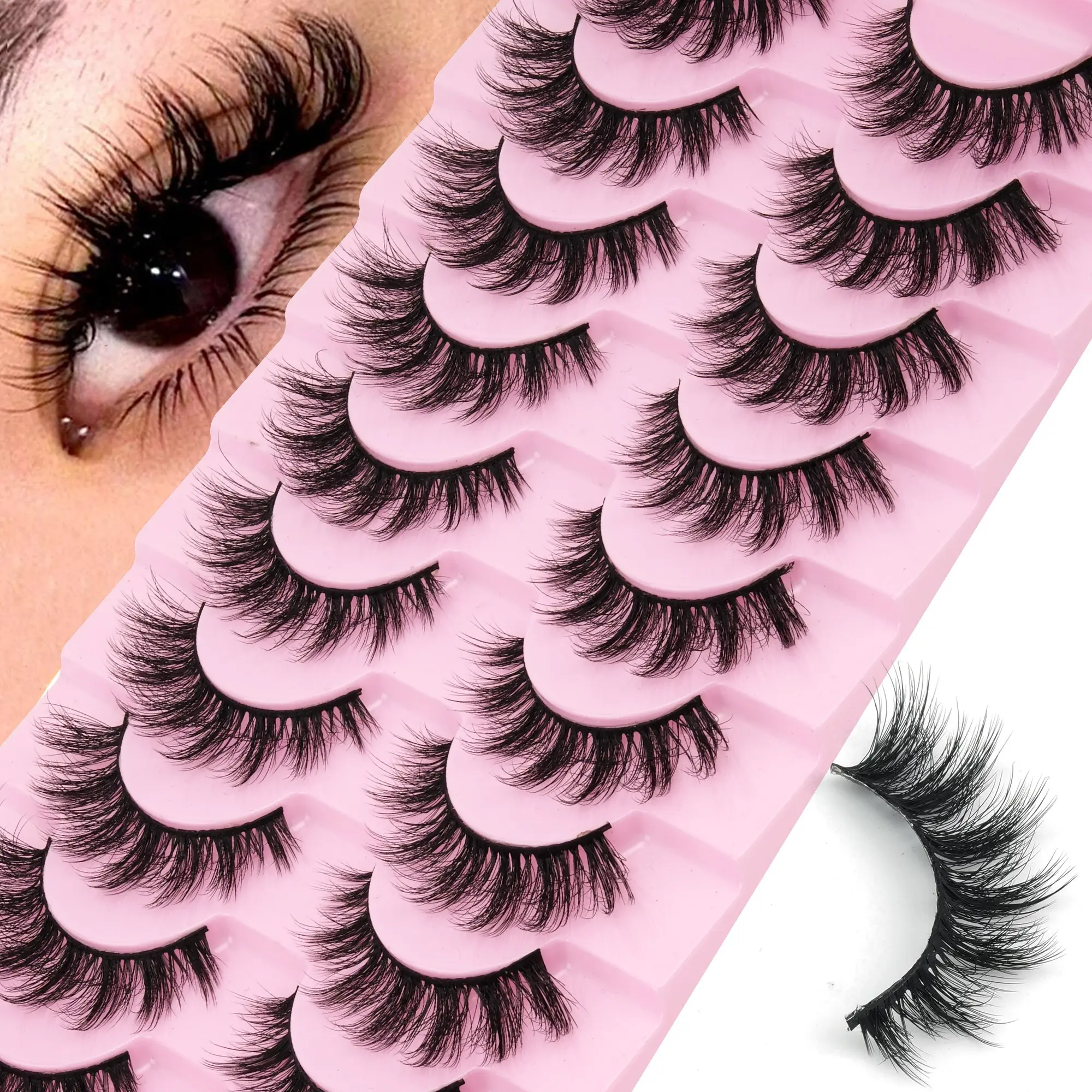 10 Pairs Fluffy 3D False Eyelashes, Synthetic Lashes, Russian Volume Soft Strip Lashes for Women, Natural Look Beginner-Friendly Cosmetic Makeup Lash Set
