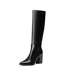 Vivianly Women's Black Wide Knee-High Boots Classic Pointed Toe 8.8cm Block Heel Soft Faux Leather Full-Zipper Comfortable Walking Shoes