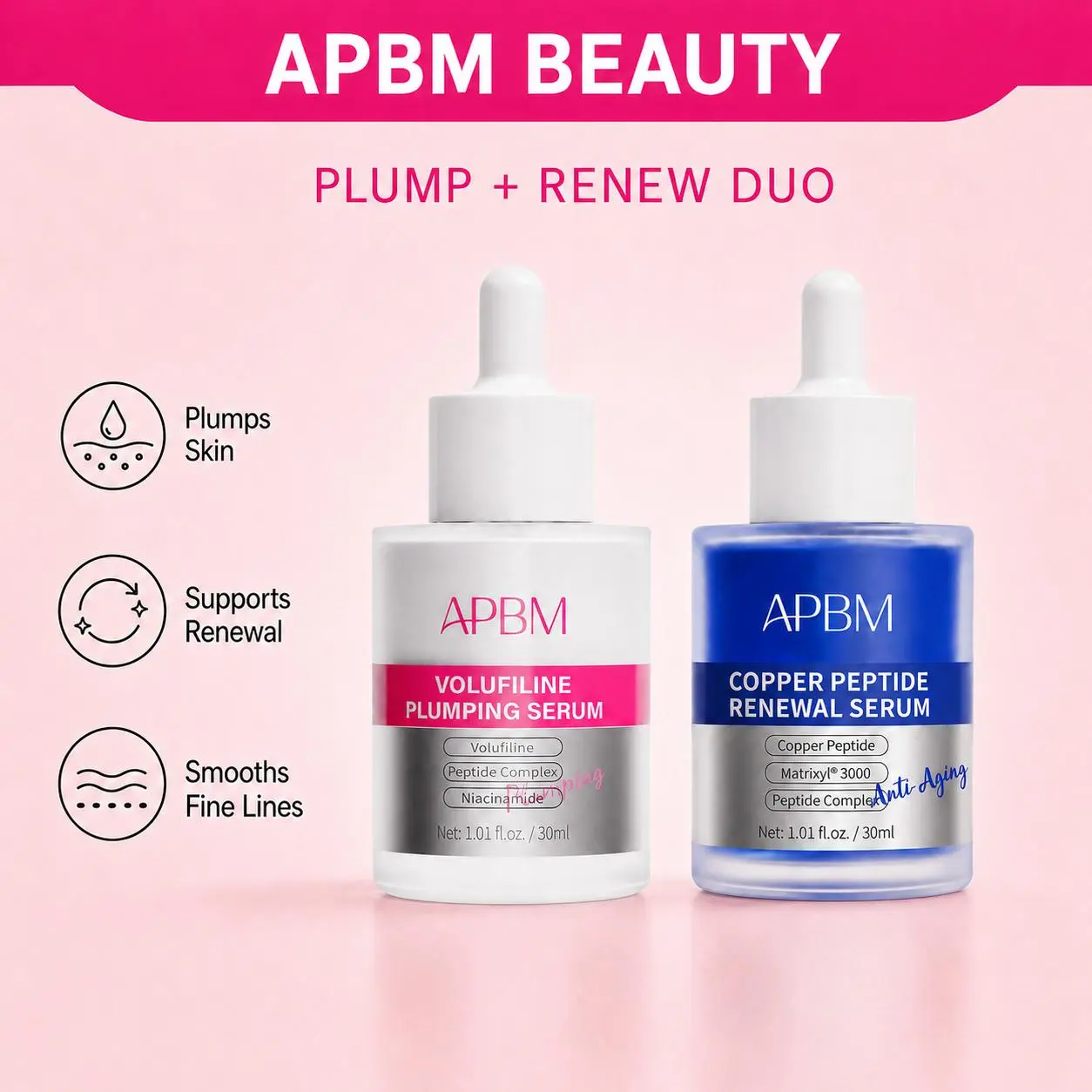 APBM Plumping & Firming Anti-Aging Duo Set | Volufiline + Copper Peptides Serums with Niacinamide, Peptides, GHK-Cu, Matrixyl & HA | Improves Fine Lines, Hollows & Smile Lines, Boosts Firmness | Lightweight, 30ml x 2