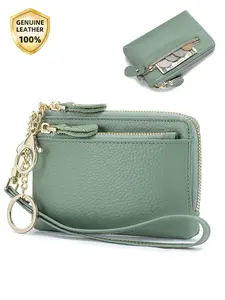 Zipper Pocket for Women Genuine Leather Small Wallet Card Holder Coin Purse with Cash Card Slots Zipper Around Wristlet Keychain Wrist Strap Wallet, Fashionable Wallet