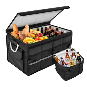 KUST 2-in-1 Car Trunk Organizer with Leakproof Cooler Bag Collapsible Multi-Compartment Storage for SUV 1680D Oxford Non-Slip Bottom & Securing Straps