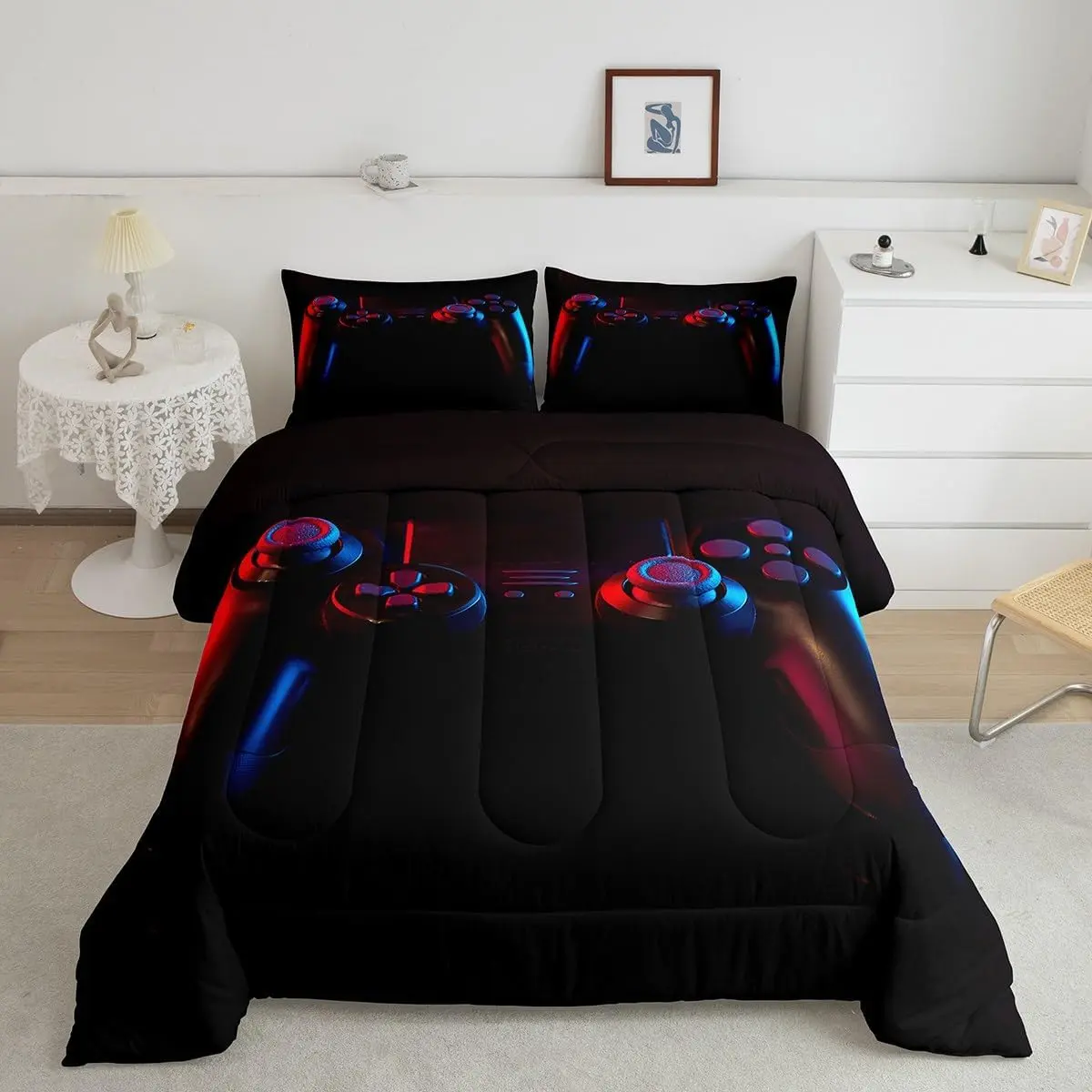 Feelyou Gamer Microfiber Comforter Set - Soft Breathable Bedding for Boys, Black Gamepad Decor, Video Game Themed Duvet Set for Teens, Microfiber Bedding Set