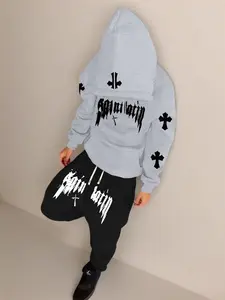 Men's Long Sleeve Graphic Hoodie & Pants Matching Tracksuit - Trendy American Street Style, Letter & Cross Prints, Slight Stretch, Delicate Pockets, Casual Menswear