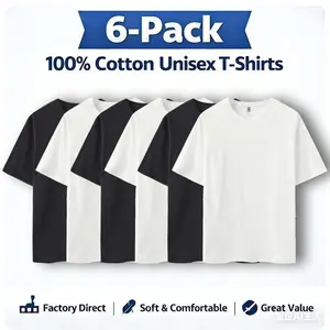 cotton T-shirt 6-Pack Classic Black & White Combo Factory Direct   Unisex |   Soft Comfortable Solid Color Crew Neck Short Sleeve, Regular Fit for Everyday Wear north west outfits 2026 happynewyear graphic tee crazy men purple rain Vintage Pantera Skull