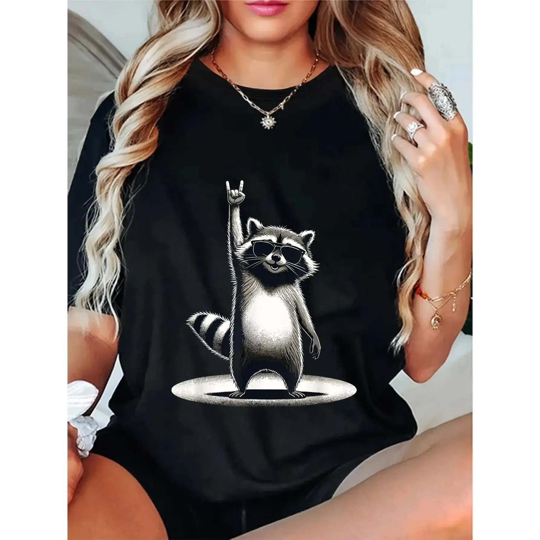 Cotton Retro Raccoon Rock Music Gift Men Women Funny Raccoon T-Shirt