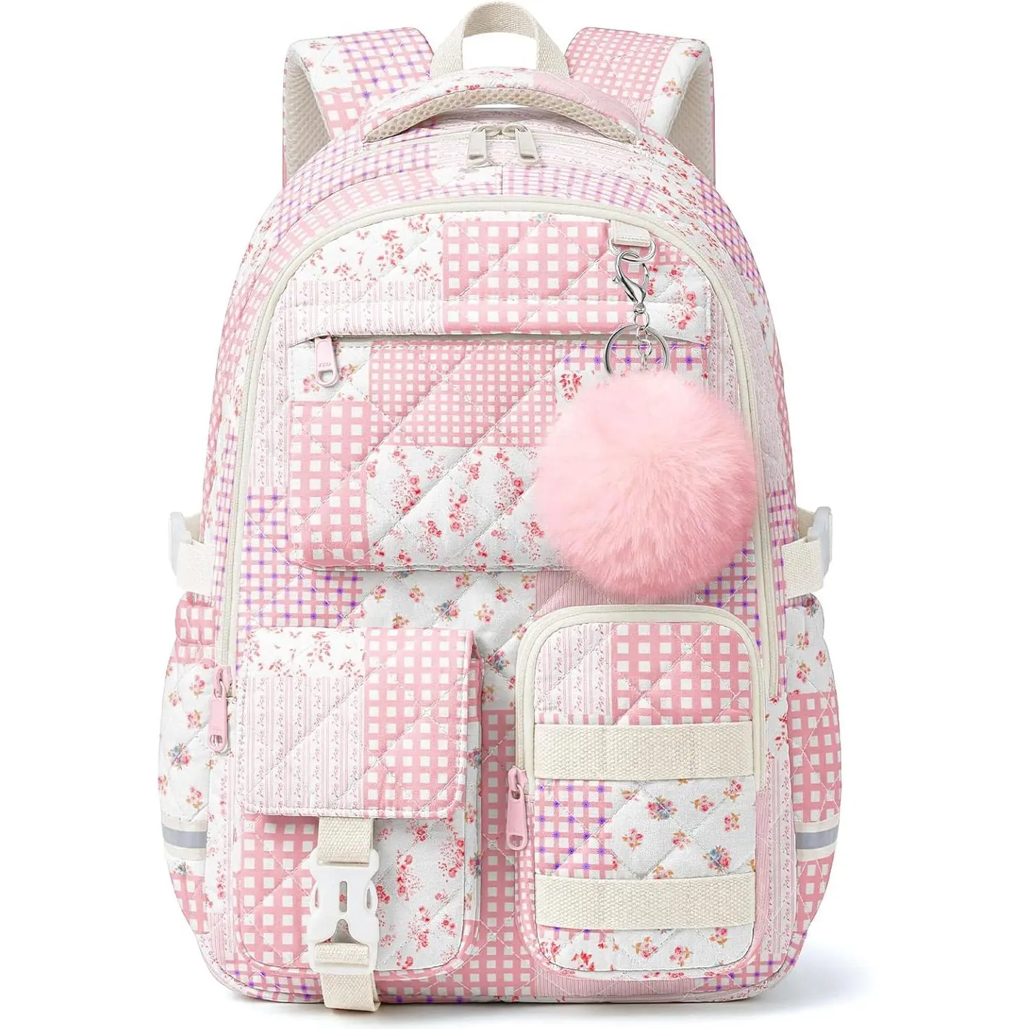 Quilted Backpack for Teen Girls,Cute Pink Patchwork School Backpack with Multi-Pocket Design,Lightweight Cotton Bookbag Fits 15.6" Laptop,Large Capacity Aesthetic Backpack with Plush Charm