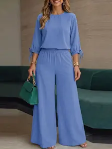 ZANZEA Women's Solid Color Round Neck Three-Quarter Sleeve Top and Elastic Waist Long Pants Set, Two-Piece Set, Loose H-Type Design, European and American Office Style