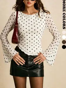 Elegant Women's Commuter Blouse with Eyelet Details, Asymmetric Hemline Design, Long Sleeve Top for Stylish Office Wear, Chic Womenswear