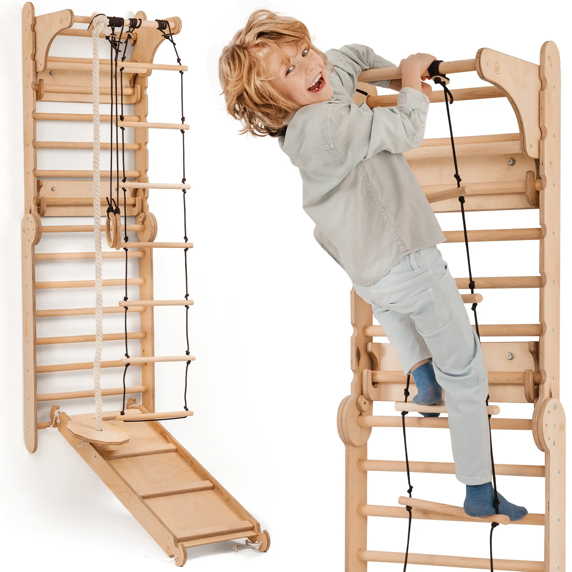 Montessori Wooden Swedish Wall Activity Center for Kids - Adjustable Height Multi-Functional Station with Reversible Slide, Swing & Rings