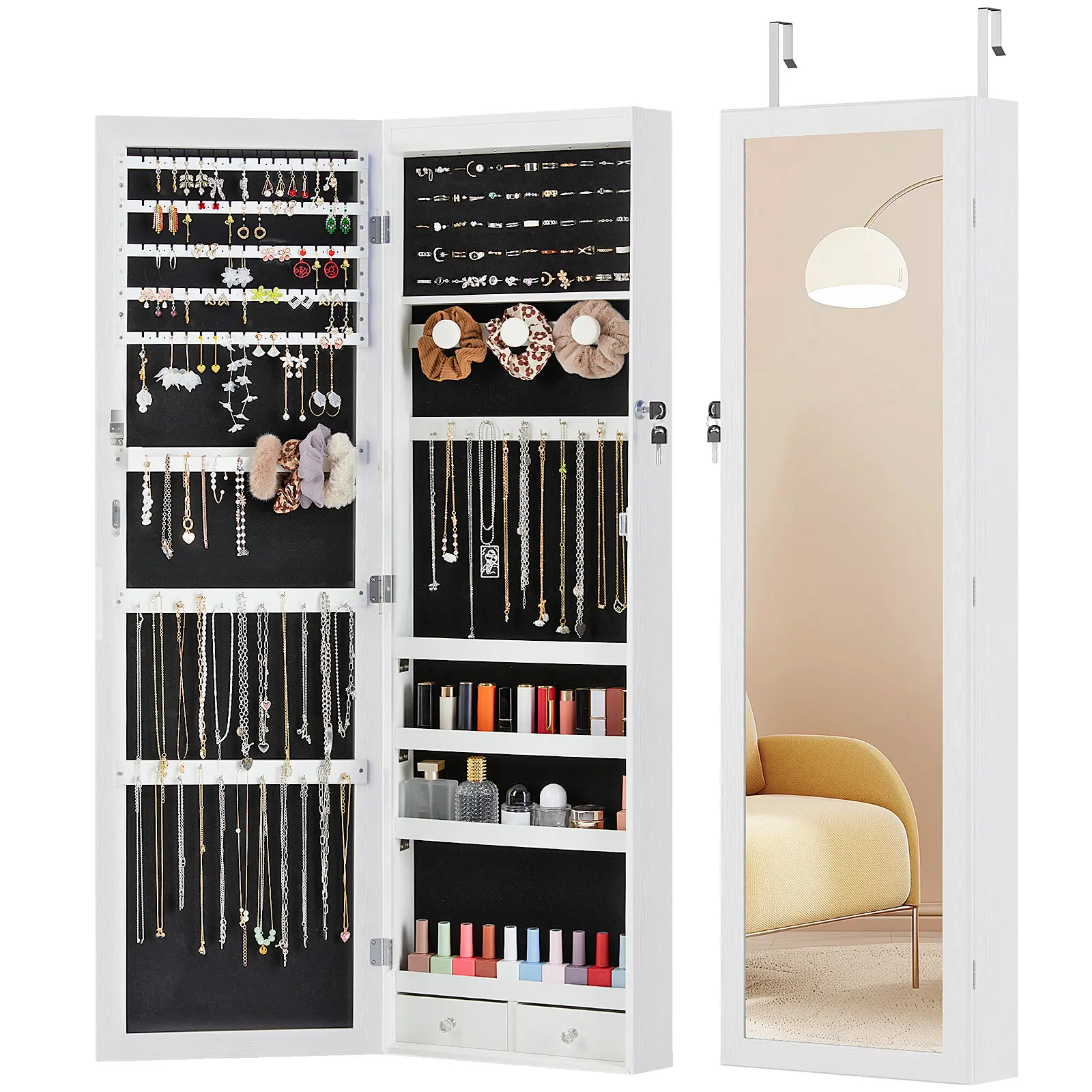 Lockable Jewelry Cabinet with Full-Length Mirror, Built-in Makeup Mirror LED Lights and 2 Drawers, Door or Wall Mounted Large Storage Organizer White