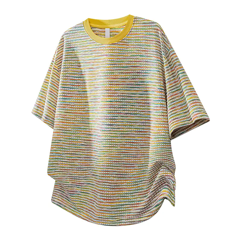 Men's Stylish Color-Block Tshirt - Menswear Mens Clothing Baggy Loose Fit Round Neck Short-Sleeve Top with Mesh Overlay for Casual Summer Wear, Shortsleeve, Oversize, Polyester Blend, Men's T Shirts, Machine Wash, Casual Tee