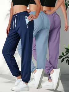 Women’s Quick-Dry Jogger Sweatpants, 3-Pack — Navy Blue + Light Blue + Purple, Casual Long Pants with Zipper Pockets