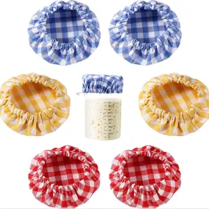 Reusable Fabric Jar Lids Set of 6, Plaid Pattern, Fits 3-4 Inch Jars, Ideal for Fermentation Bowls and Bread Dough Proofing Baskets, Covers, Food Storage Kit