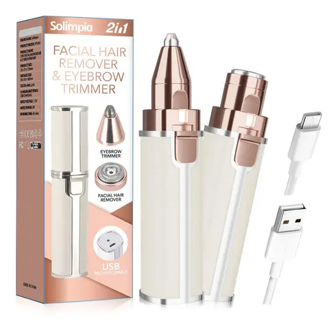 SOLIMPIA Electric Painless 2-in-1 Face Trim Eyebrow Trimmer - Rechargeable, Portable Plastic Lady Grooming Appliance with ABS, LED Light for Daily Lip, Facial, Neck Smoothing Hair Removal