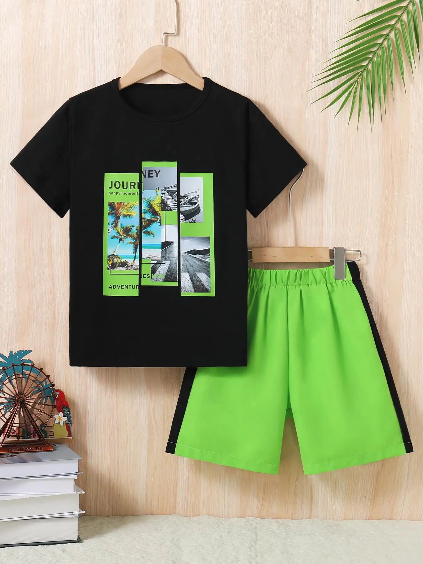 Two-Piece Set Boy's Landscape Graphic Set, Casual Round Neck Tee & Elastic Waist Shorts, Summer Clothes for Kids Outdoor Holiday
