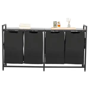 4-Section Laundry Sorter With Pull-Out Bags, Sturdy Metal Frame And Wooden Tabletop, Multi-Compartment Laundry Organizer For Home Or Apartment, Mobile Wheels Base, Removable Liners, Breathable Polyester Caddies, Easy Assembly