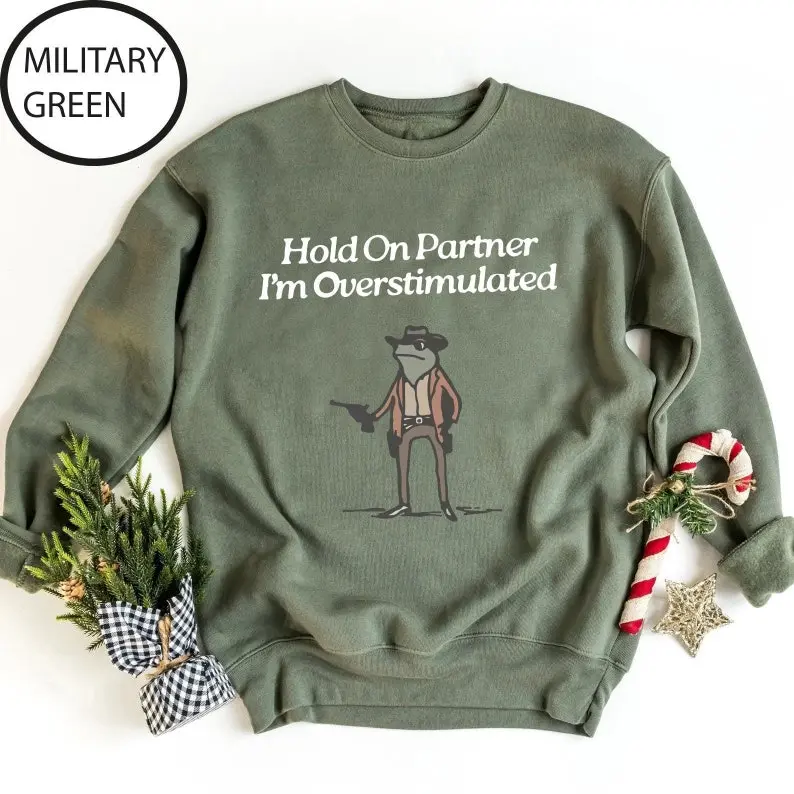 Hold On Partner Im Overstimulated Sweatshirt, Cowboy Frog Sweatshirt, Cowboy Frog Unhinged , Cute Animal Sweatshirt, Funny Frog