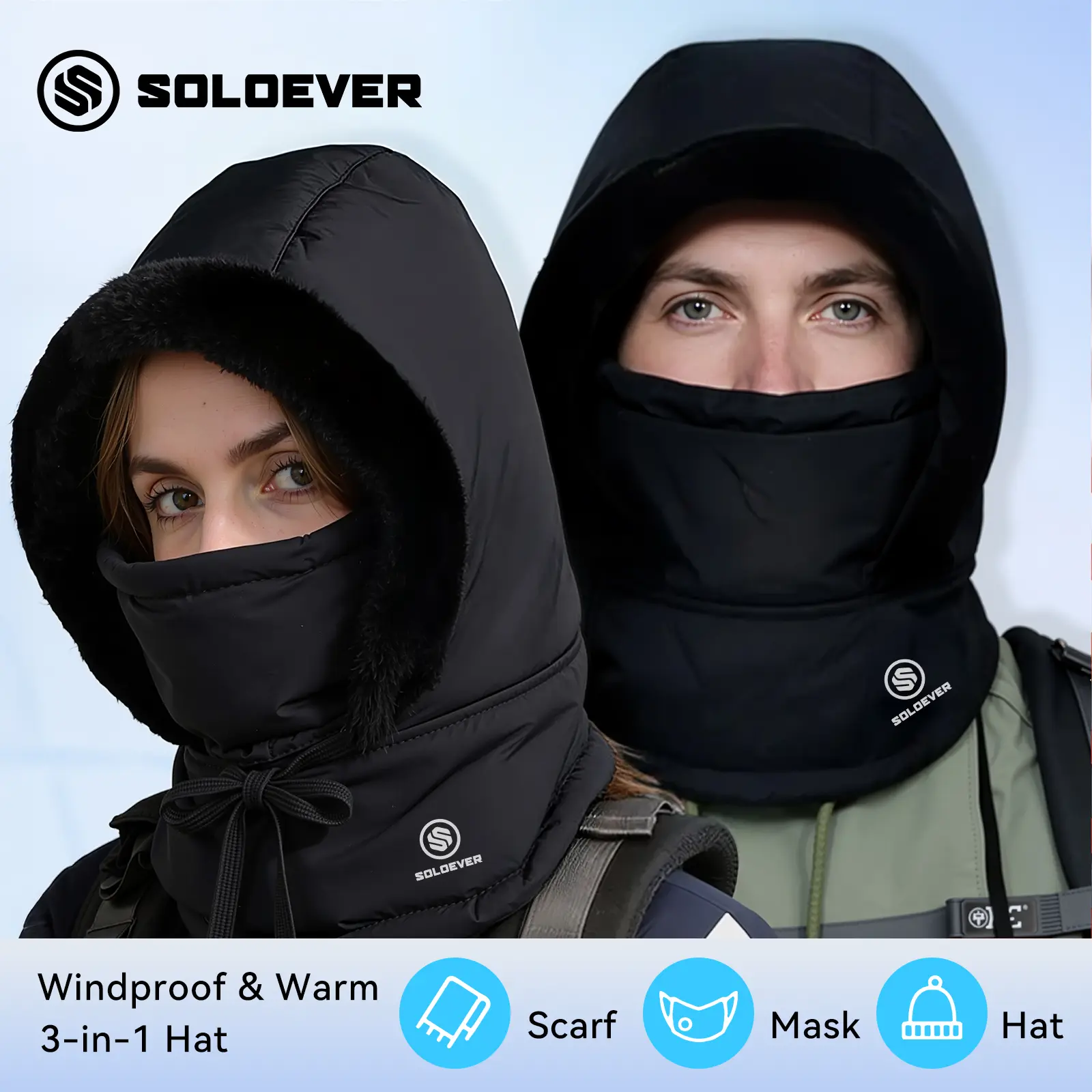 SOLOEVER 3-in-1 Plush Thermal Balaclava Hat - Windproof, Waterproof, Adjustable Unisex Outdoor Hat for Men & Women, Ideal for Winter Outdoor Activities, Christmas Gift, Outdoor Hats