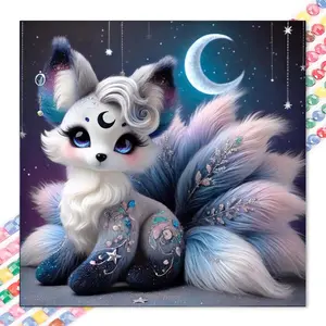 1pcs 5D DIY diamond painting kit, 5D diamond art kit, DIY decoration, nine-tailed fox, moon, starry sky diamond painting kit full round drill DIY, mosaic, diamond art, DIY art home decor, suitable for Halloween and Christmas.