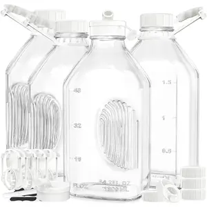 4 Pack 2 Qt Glass Milk Bottles with Handle and Airtight  Screw , 1/2 Gal Glass Water & Juice Bottles with 2 Pour Spouts, 64 Oz Milk Jug Pitcher w Scale