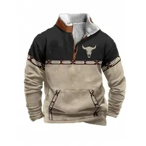 Men's Jackets Sweatshirts Vintage 1/4 Zip Casual Long Sleeve Stand Collar Sweatshirt Ox Head Graphic Oversized Long Sleeve Pullover Western Hoodies With Pocket