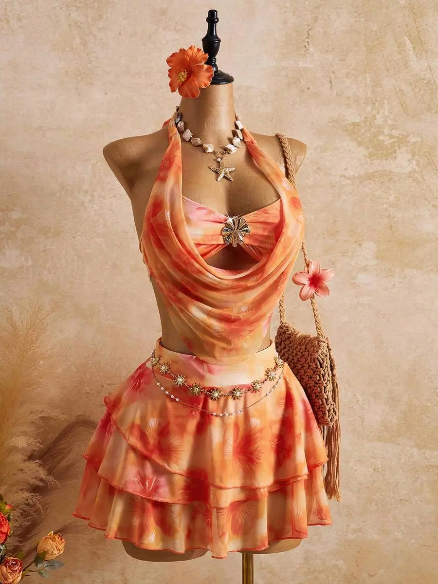 [Royalty Brand Clothing] 2026 Women's Spring/Summer Vacation Romantic Yellow Orange Floral Halter Tankini Set With Cake Cover-Up Skirt