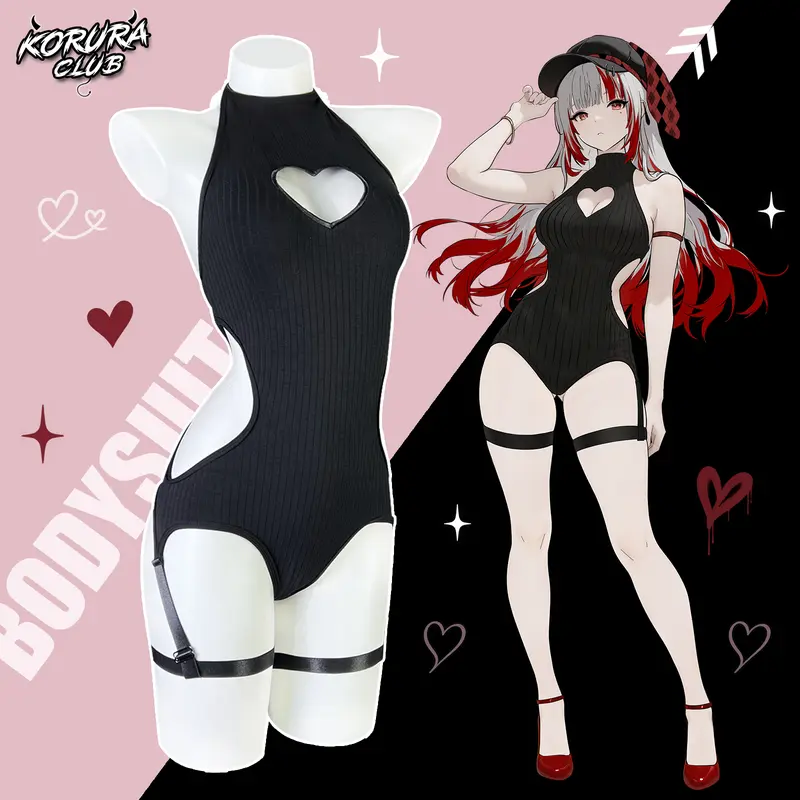 KORURACLUB Women's Black Gothic Heart Cutout Bodysuit - High Neck Halter Ribbed Knit, Side Waist Cutouts, High Cut, Thigh Straps, Slim Fit Elegant Shapewear for Halloween, Costumes, Night Out Clothes, Women's Halloween