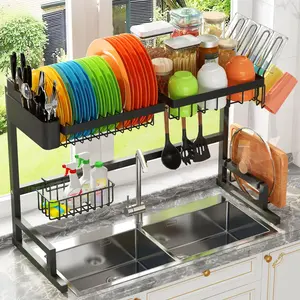 Over The Sink Dish Drying Rack (Expandable Height and Length) Snap-On Design 2 Tier Large Dish Rack Stainless Steel (24" - 35.5" L x 12" W x 19" - 22" H)