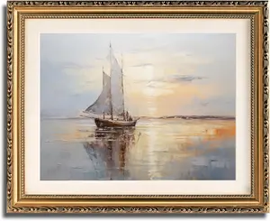 Framed Canvas Wall Art Prints - Gold Framed Wall Art for Living Room Decor Bedroom Home Bathroom, 13x16in Vintage Coastal Beach Sailboat Frame Wall Decor