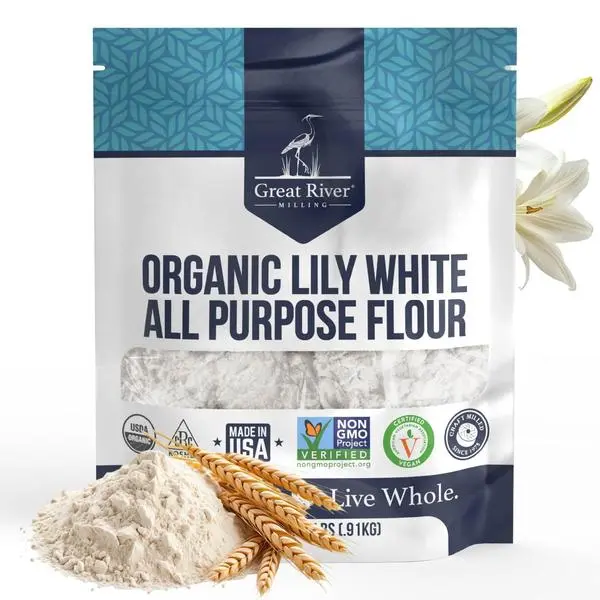 Great River Milling Lily White Organic All-Purpose Flour | Unbleached & Unbromated | Non-GMO, Kosher | Ideal for Bread, Cookies, Cakes, Pizza Dough & Everyday Baking | 2 Lb