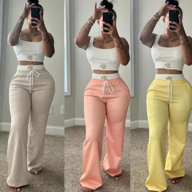 (New)New Drop! European - American Style Cross - border  Color - Blocked Double - Waistband Layered Loose Street - style Athletic Casual Trousers Two - Piece Set for Women